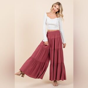 Mittoshop Tier Detail Smocked Elastic Waist Wide Leg Pants